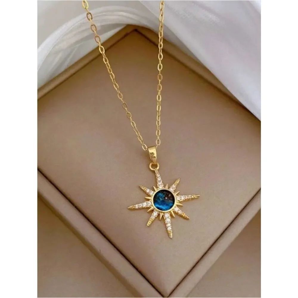 Gold blue Sunburst Necklace M753
